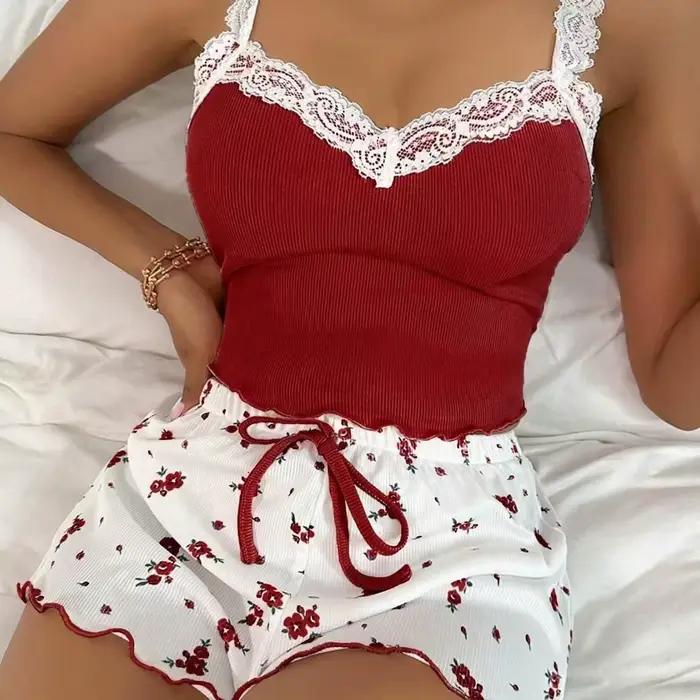 Femmes 2psc pyjama ensemble rose dentelle Patchwork col en v vêtements de nuit Sexy nuisettes costume Cami haut imprimé Shorts doux Pyjamas vêtements de détente