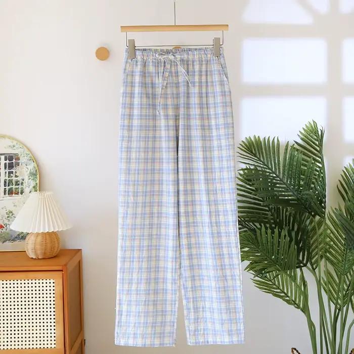 Pyjama en pur coton pour dormir, vêtements de nuit pour femme, vêtements de chambre, printemps et été, nouveau pantalon ample à carreaux, bas de pyjama