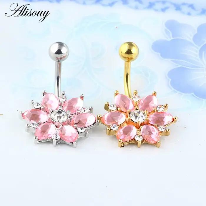 Alisouy 1 pièces acier chirurgical corps Piercing bijoux fleur nombril barre de ventre Pircing ventre Piercing nombril anneaux pour les filles
