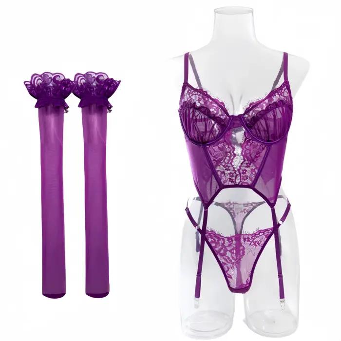 Vente de liquidation, lingerie sexy, ensemble 2 pièces, soutien-gorge transparent à armatures et culotte avec bas, kit sensuel et tentant Onlyfans
