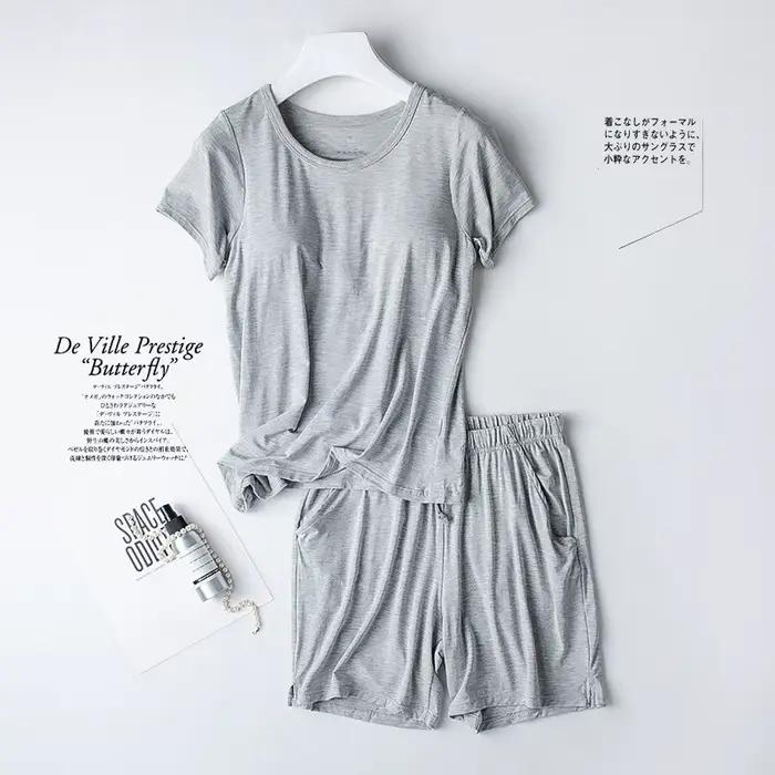Ensemble de pyjama en coton modal pour femme, coussretours de poitrine, manches courtes, soutien-gorge grande taille, short adt, vêtements de nuit, nouveau