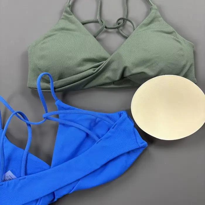 Soutien-gorge de sport Vision Fitness pour femme, col en V, devant torsadé, bretelles fines, dos croisé, sans coutures, coussinets amovibles, extensible et doux, pour yoga et entraînement