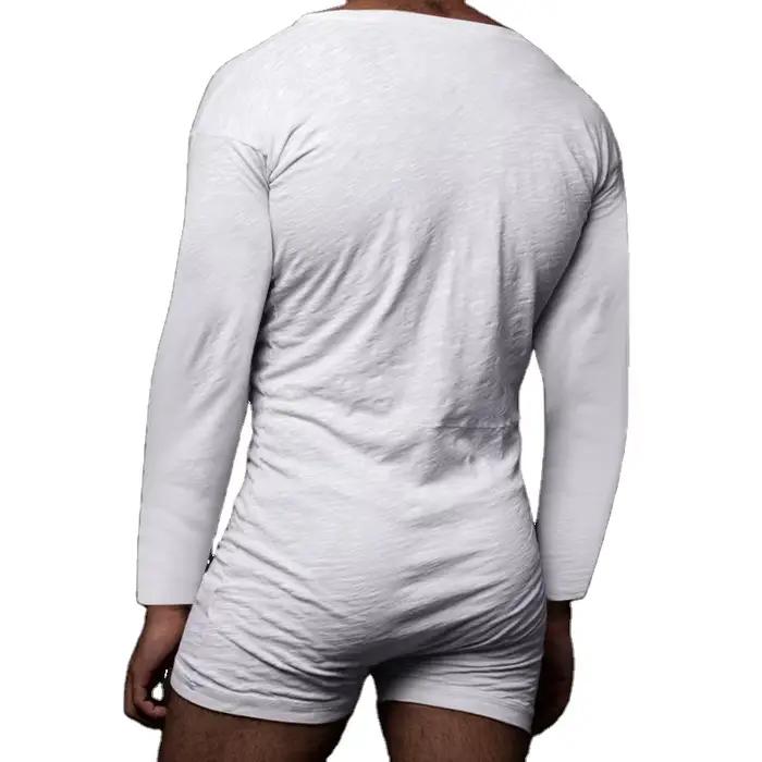 Barboteuse pyjama pour hommes, couleur unie, col rond, manches longues, boutons, combinaisons, vêtements de maison, respirant, fin, 2025