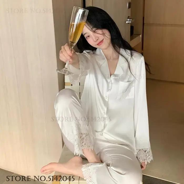 Ensemble de pyjamas de luxe pour femmes, vêtements de nuit élégants en satin de soie blanc avec dentelle, tenue décontractée ample pour la maison
