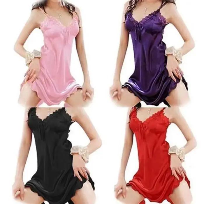 Robe élégante en dentelle pour femme, chemise de nuit en satin de soie, robe babydoll sexy à épaules dénudées, vêtements de nuit doux et confortables pour femmes