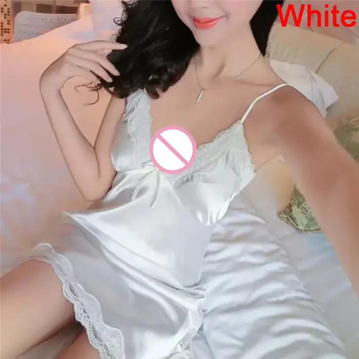 Robe de nuit sexy en satin pour femme, chemise de nuit à col en V, chemise de nuit en dentelle, vêtements de nuit pour femme