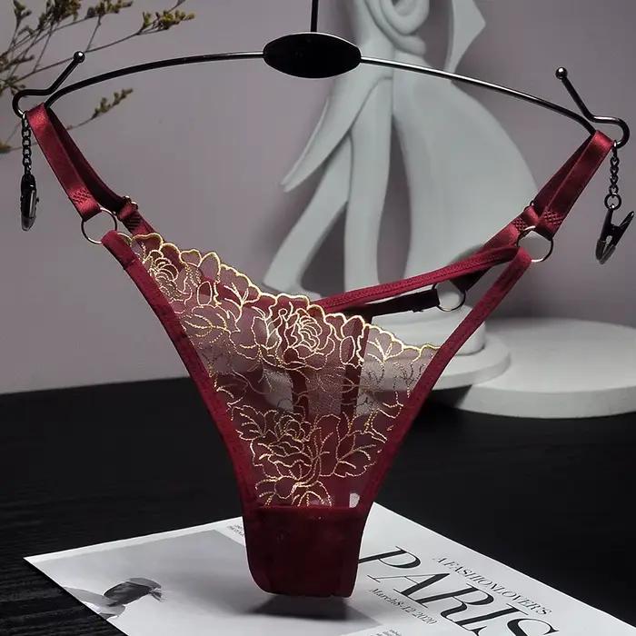 Sexy dentelle broderie tongs femmes G cordes culottes maille transparente sous-vêtements dames slips taille réglable Culotte Femme