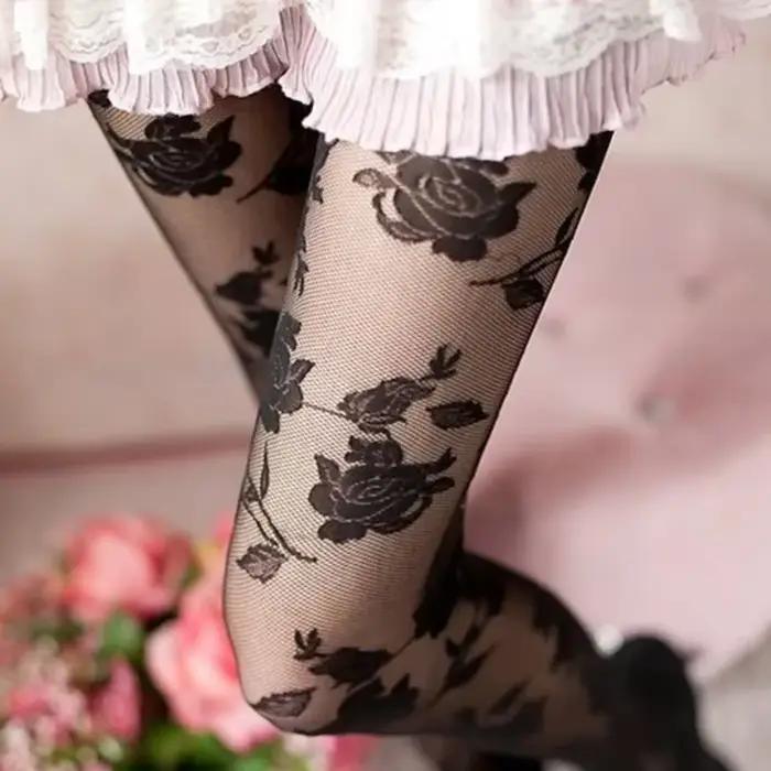 Sexy Rose Collants Femmes Collant Femme Mince Transparent Collants Évider Tatouage Collants Collant Femme Medias Fantaisie Bonneterie