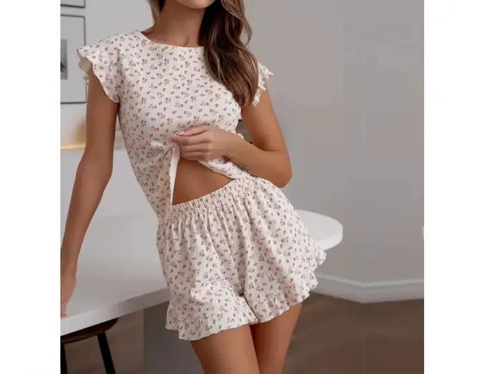 Pyjamas européens et américains en soie de lait imprimée à motifs floraux, ensemble décontracté pour la maison, peut être porté à l'extérieur