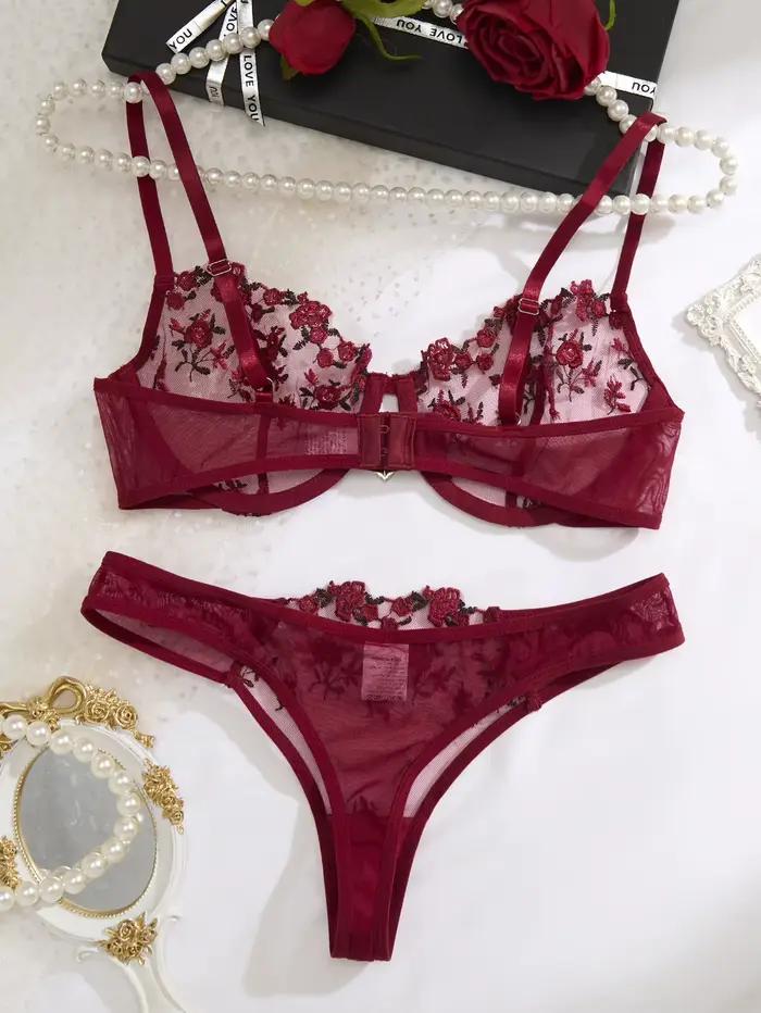 Ensemble de lingerie vintage français brodé de roses rouge vin - soutien-gorge en résille + T-shirt - lingerie féminine sexy et sensuelle ZA824026