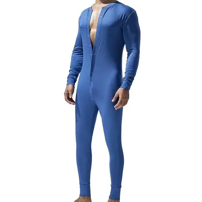 Hommes pyjamas combinaisons bouton vêtements de maison à manches longues confortable barboteuses Catsuit body décontracté ABDL adulte Onesie Couple