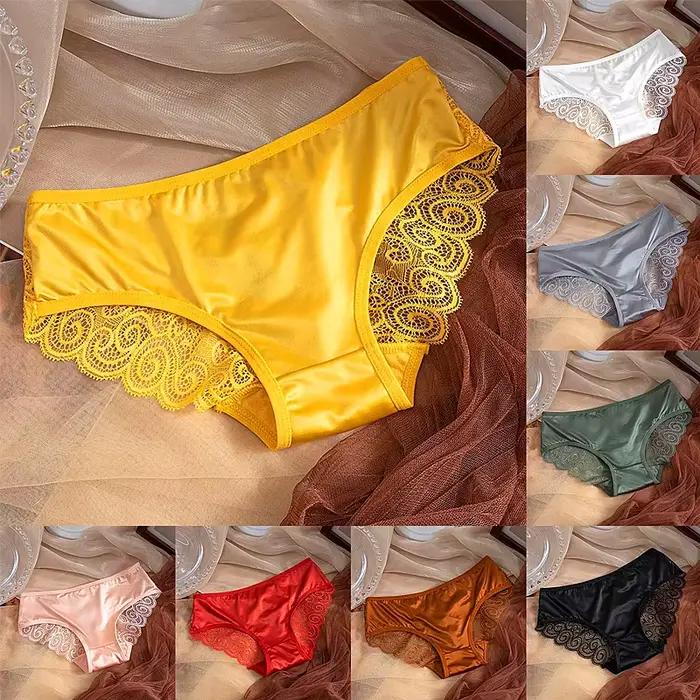 Culotte en Satin Vintage pour femmes, sous-vêtements respirants de couleur unie, Lingerie française Sexy avec nœud en dentelle, taille moyenne, slip en maille fine