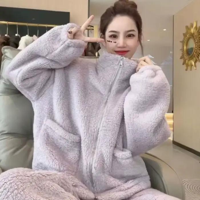 Ensemble pyjama chaud pour femmes, vêtements de nuit en molleton de corail, flanelle, Cardigan épais à fermeture éclair, costumes de maison décontractés, automne et hiver
