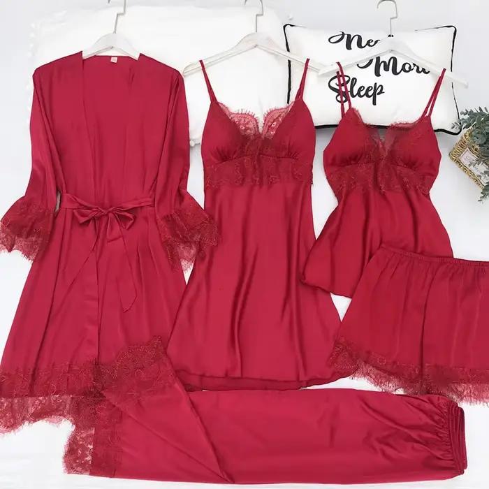 Ensemble de pyjamas en dentelle pour femmes, robe de bain sexy, chemise de nuit en satin, vêtements de maison, vêtements de détente, printemps, été, 5 pièces