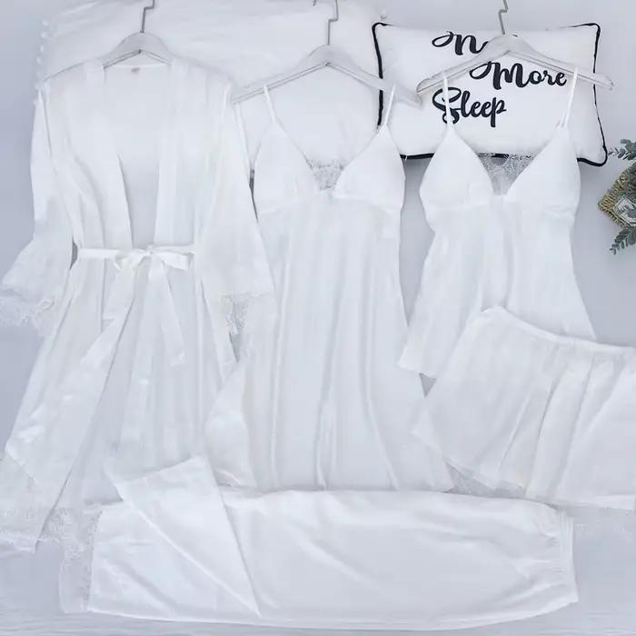 Ensemble de pyjamas en dentelle pour femmes, robe de bain sexy, chemise de nuit en satin, vêtements de maison, vêtements de détente, printemps, été, 5 pièces