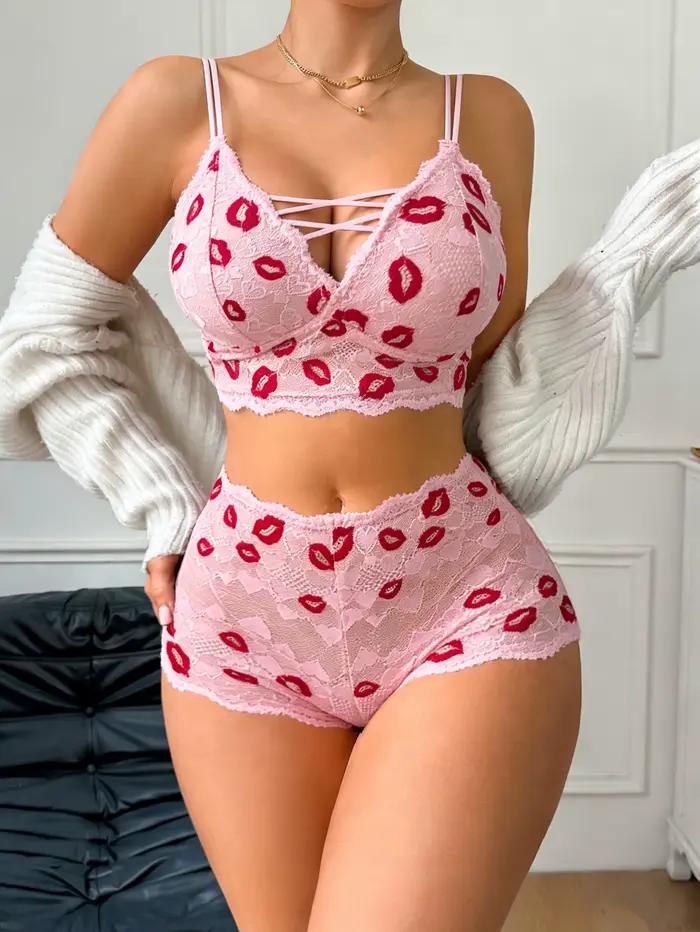 Sexy krajkový lingerie set s potiskem rtů na Valentýna