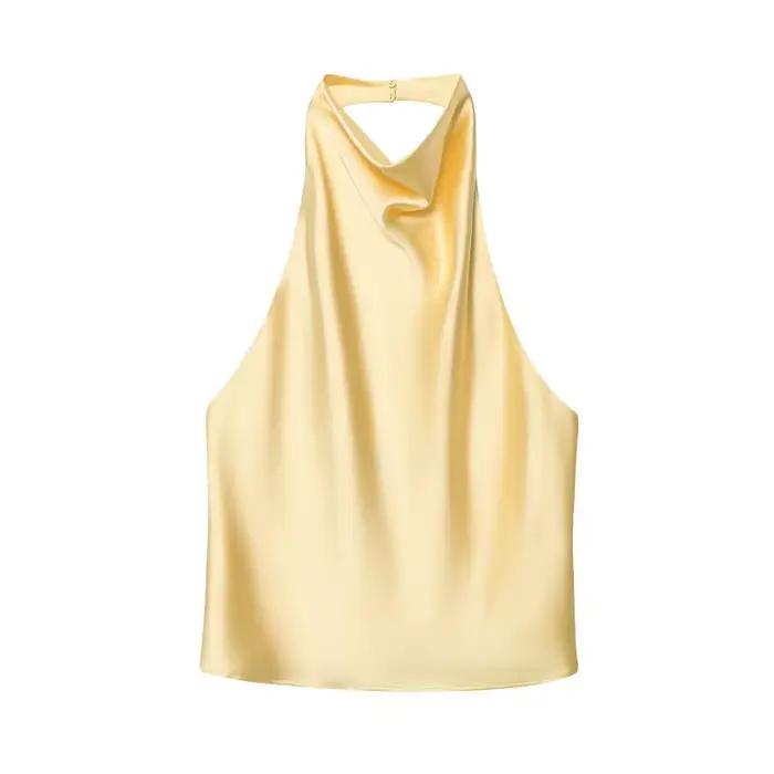 Dámský halter top 2026 – Saténový top s odhalenými zády v černé barvě