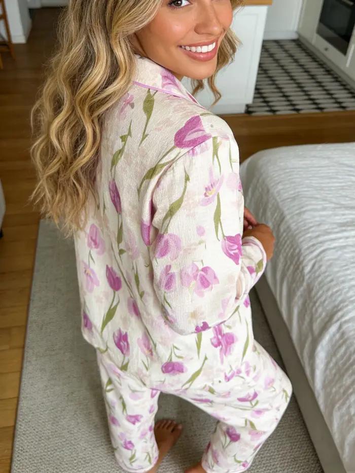 Pyjama femme à revers cranté, manches longues et pantalon, ensemble 2 pièces, imprimé tulipes mignon, pour printemps, automne, hiver, vêtements d'intérieur