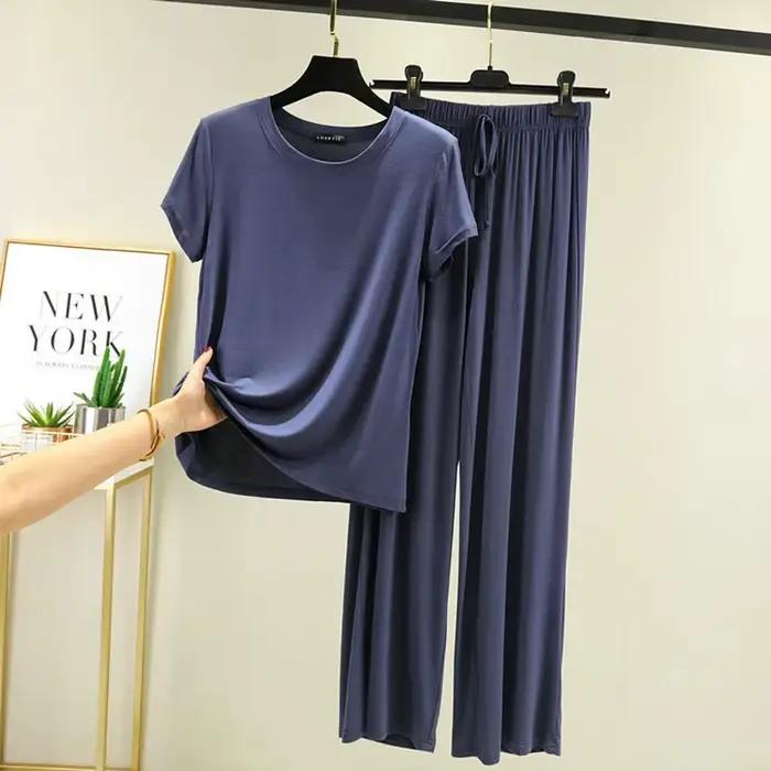 Pyjama en coton modal à manches courtes pour femmes, vêtements d'été minces, pantalons décontractés en titane, vêtements de maison amples, deux pièces