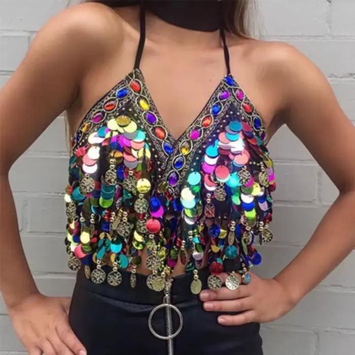 Soutien-Gorge à Paillettes Brillantes pour Femme, Halter, Salsa, brevdu Ventre, Boho, Festival, Wlbing, Tribal, BH