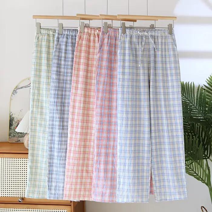 Pyjama en pur coton pour dormir, vêtements de nuit pour femme, vêtements de chambre, printemps et été, nouveau pantalon ample à carreaux, bas de pyjama