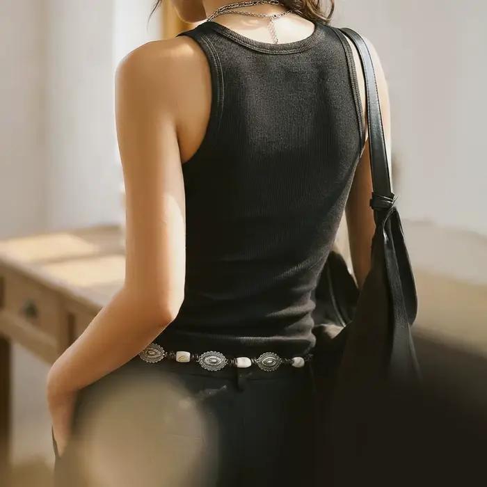 Débardeur Maden pour femme avec soutien-gorge intégré, dos nageur, rembourré, sans manches, style camisole, décontracté, côtelé, uni, pour superposition, Printemps-Été