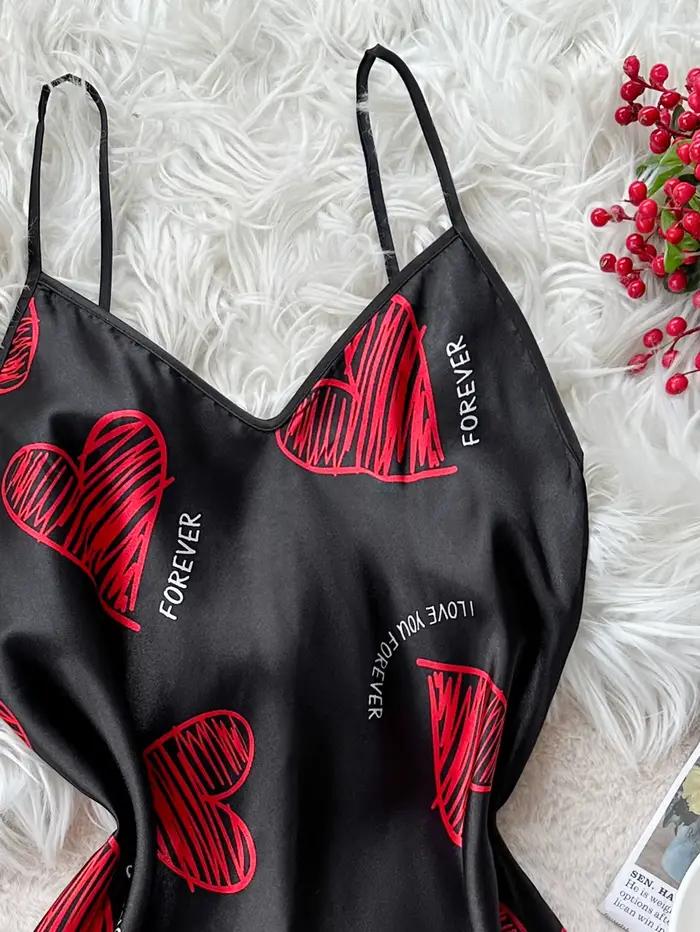 Chemise de nuit en Satin imprimé lèvres rouges pour la saint-valentin, col en V, dos nu, Mini robe de nuit, vêtements de nuit pour femmes