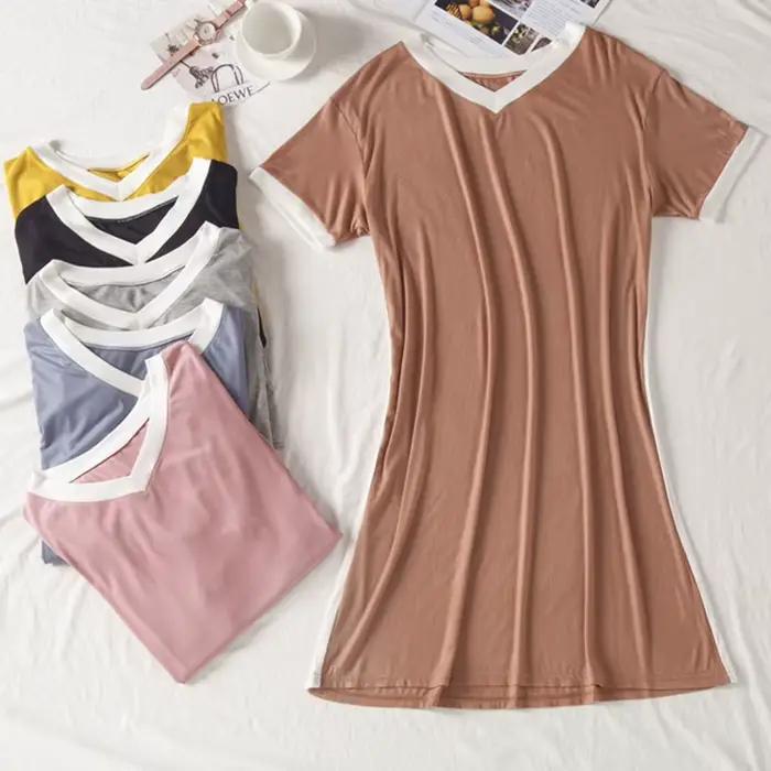 Chemises de nuit à manches courtes INS pour femmes, chemise de nuit d'été en modal, longueur genou, robe ample à col en V, tenue décontractée pour la maison