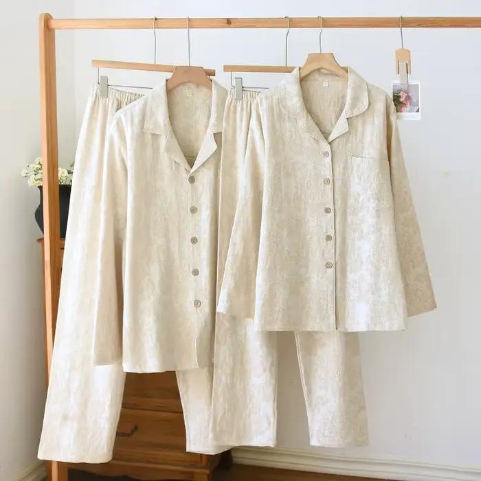 Ensemble de pyjama jacquard pour couples, vêtements de nuit en coton et lin texturé, style minimaliste japonais, ensemble de vêtements de détente 2 pièces pour hommes et femmes
