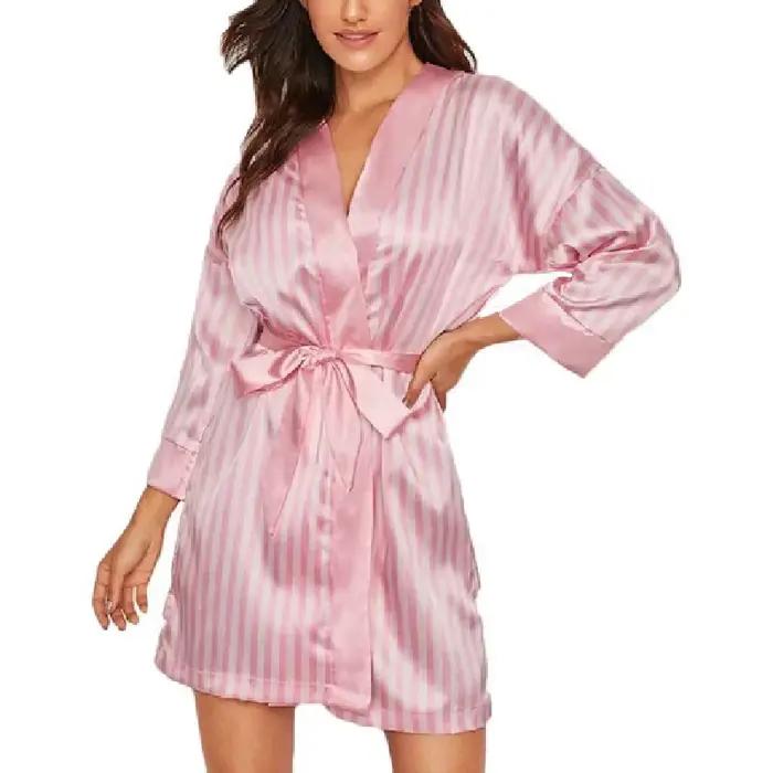 Robe de lingerie sexy pour femmes, satin rayé rose, courte, vêtements de nuit, peignoir, vêtements de maison, demoiselle d'honneur pour femmes, pyjama de fête