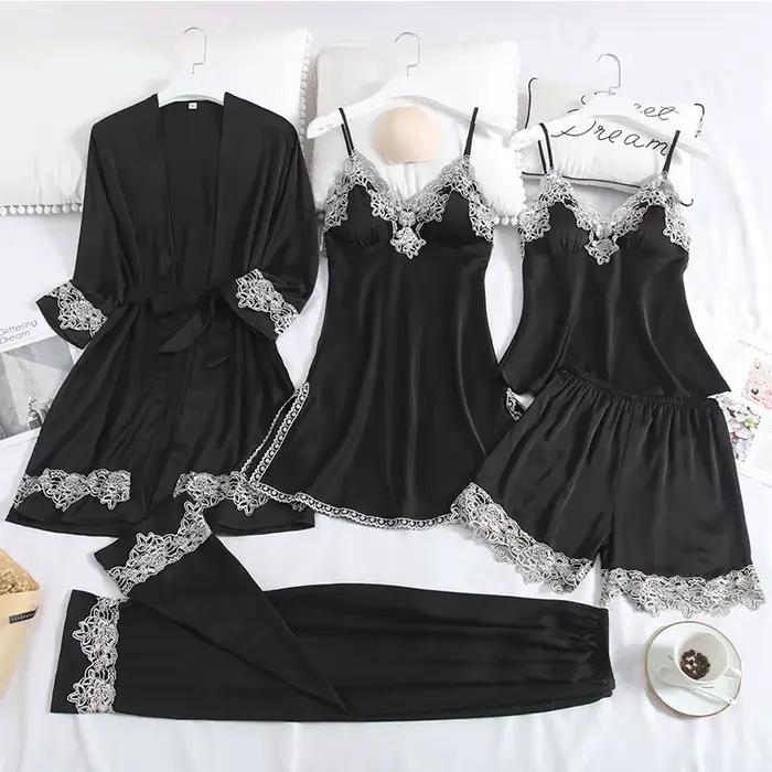 Ensembles de pyjamas en satin pour femmes avec coussinets de poitrine, vêtements de nuit sexy, pyjama de salon de sommeil, vêtements d'intérieur, printemps, automne, 5 pièces