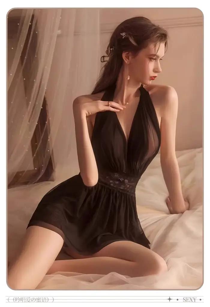 Lingerie sexy en mousseline à épaules dénudées, robe dos nu à décolleté plongeant, pyjamas, uniformes, chemises de nuit transparentes, lingerie élégante.