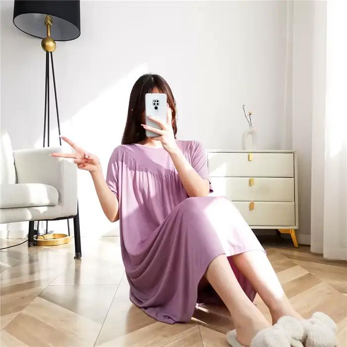 Net rouge nouveau Modal robe de nuit femmes printemps été chemises de nuit élastique vêtements de nuit amples vêtements de maison décontracté dames chemise de nuit