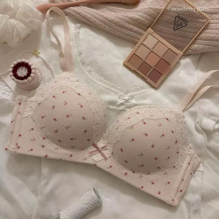 Ensemble de soutien-gorge en dentelle florale pour adolescents, Sexy, confortable, sans armatures en acier, Design de beauté au dos, petits seins froncés, Support Anti-Saggi
