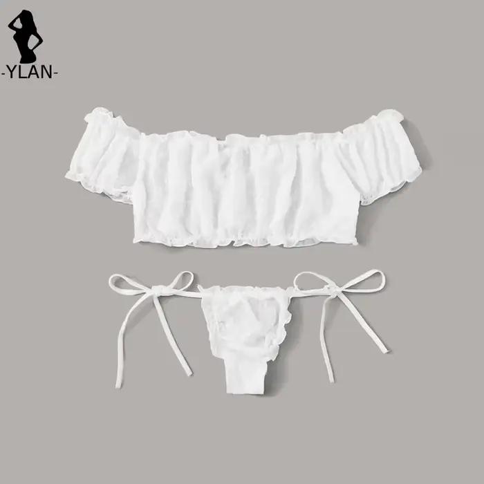 Ensemble de lingerie sexy pour femme en maille, soutien-gorge à épaules dénudées avec volants, culotte transparente à pois, string et bandeaux – Lenceria Intimates