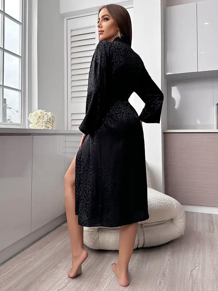 Robe de nuit imprimée léopard, manches longues, col en V, avec ceinture, vêtements de nuit pour femmes