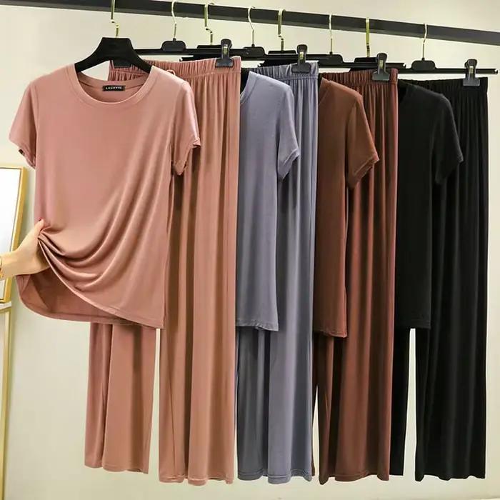 Pyjama en coton modal à manches courtes pour femmes, vêtements d'été minces, pantalons décontractés en titane, vêtements de maison amples, deux pièces