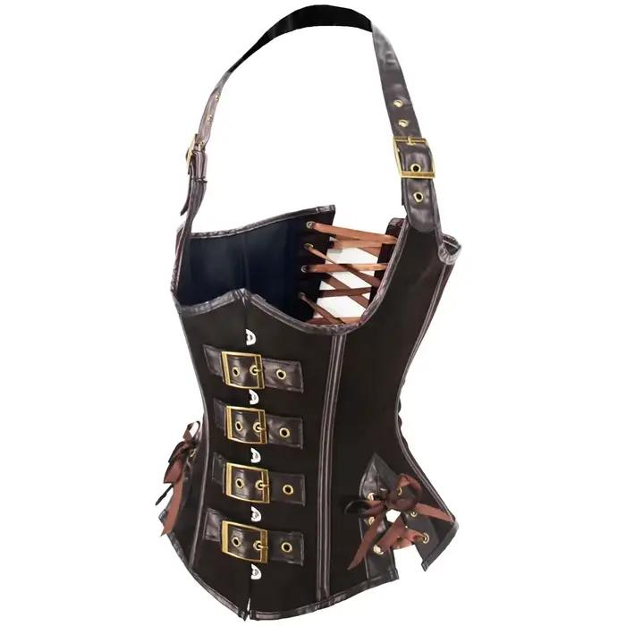 Corset Gothique Steampunk pour Femme, Col Halter, en Cuir PU Marron, Bustier Vintage, Costume de Pirate, Serre-taille, Haut de Cosplay d'Halloween