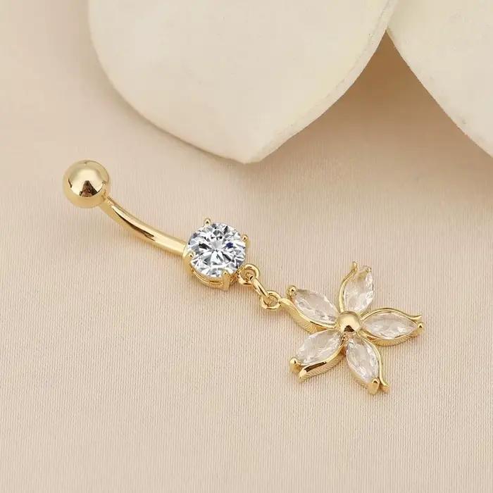 Piercing de nombril en alliage et strass, bicolore, motif fleur d'abricot brillante, design amovible et pendante