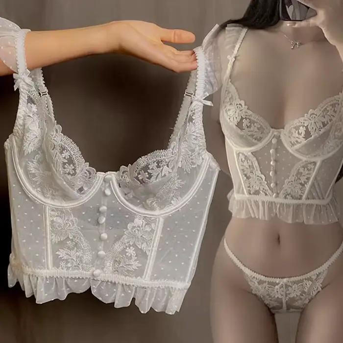 Ensemble de lingerie sexy pour femmes, soutien-gorge push-up en dentelle transparente, ensemble de culottes, lingerie blanche fine pour mariage