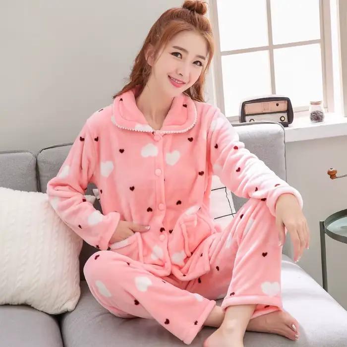 Pyjama chaud en velours de corail pour femme, vêtement de maison, rembourré, épais, en flanelle douce, nouvelle collection automne et hiver