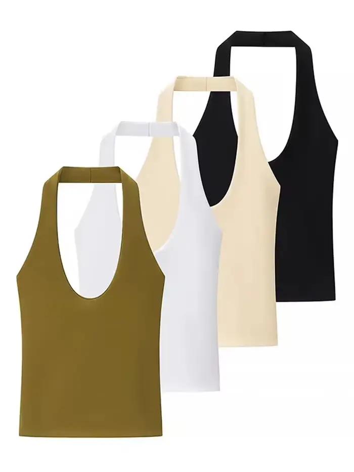 Haut dos nu à col licou pour femmes, coupe cintrée, couleur unie, basique, assorti avec tout, à la mode, été 2025
