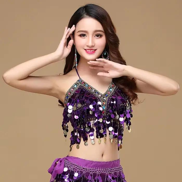 Soutien-Gorge à Paillettes Brillantes pour Femme, Halter, Salsa, brevdu Ventre, Boho, Festival, Wlbing, Tribal, BH