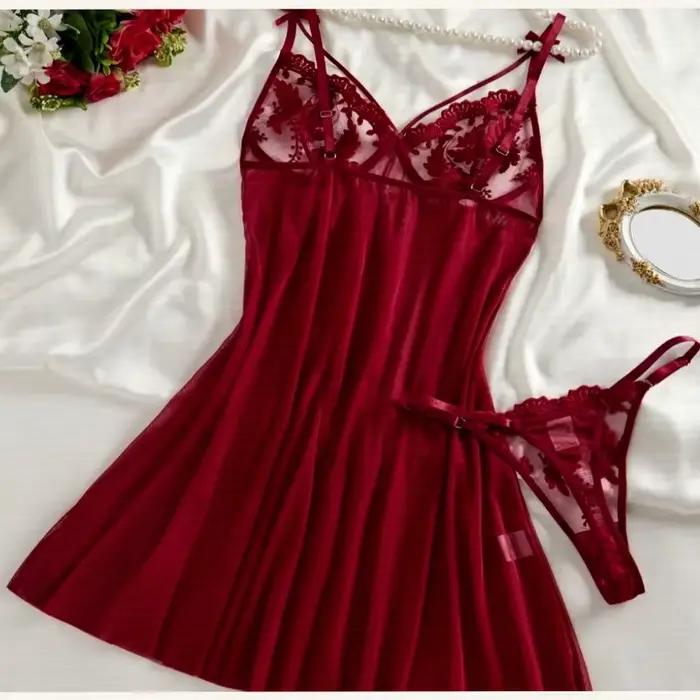 Chemise de nuit élégante et confortable pour femme, style campagnard, rouge bordeaux, broderie épis de blé, semi-transparente, avec nœud ZA825066