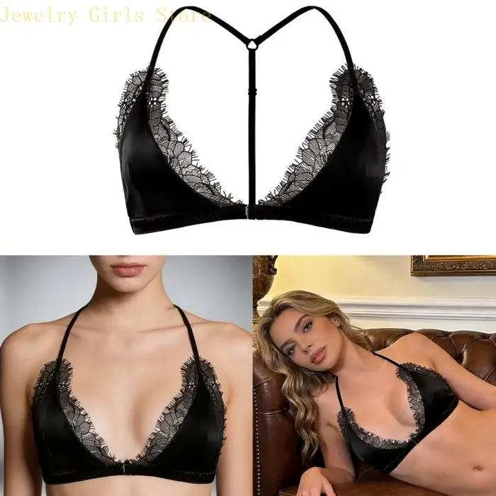 E56F – soutien-gorge licou en dentelle avec fermeture sur le devant, sans fil, décolleté en V profond, Triangle, Bralette en