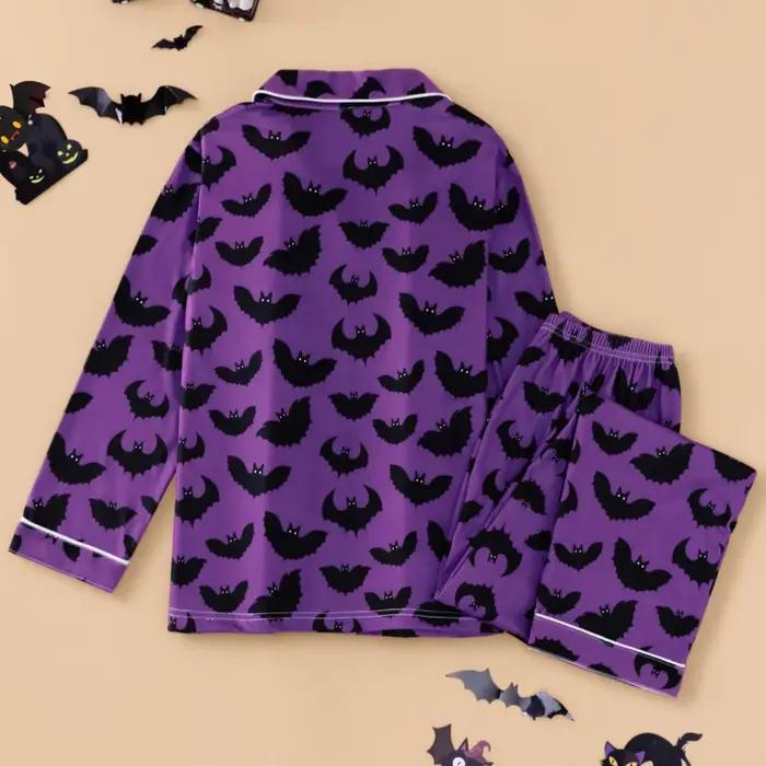 Pyjama violet sur le thème d'halloween pour femmes, avec imprimé chauve-souris, pantalon à manches longues, ensemble de vêtements de maison pour printemps et automne