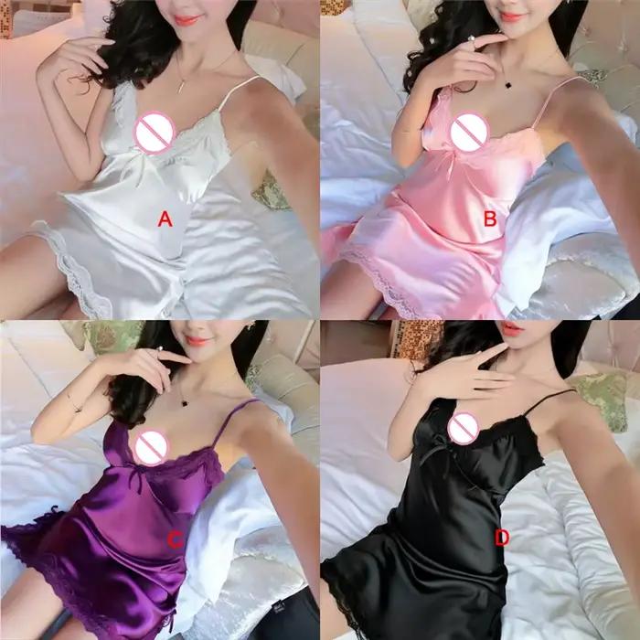 Robe de nuit sexy en satin pour femme, chemise de nuit à col en V, chemise de nuit en dentelle, vêtements de nuit pour femme