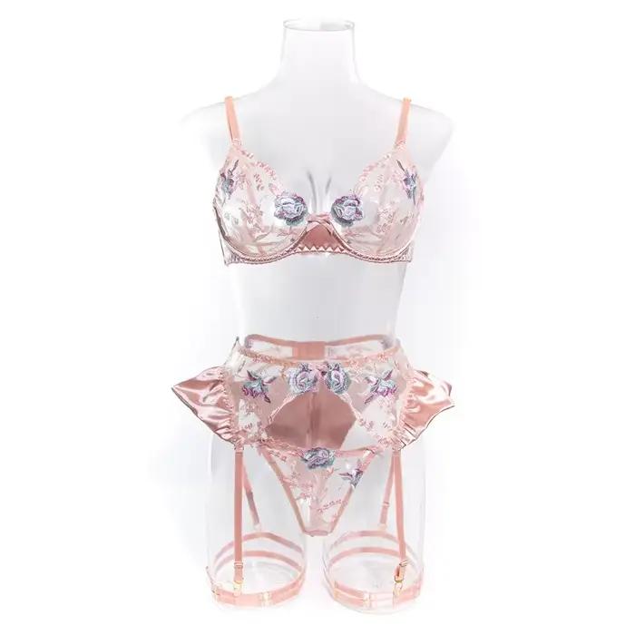 Lingerie sensuelle pour femmes, sous-vêtements fantaisie en soie florale, jarretelles transparentes, ensembles exotiques, produits intimes de luxe féeriques