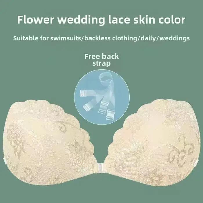 Soutien-gorge push-up en silicone en dentelle – Soutien-gorge adhésif sans bretelles ultra fin avec bretelles transparentes convertibles, bonnets nus pour robes dos nu
