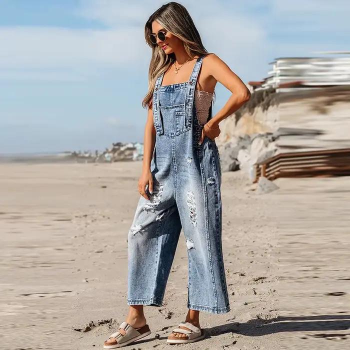 Pantalon déchiré Cowboy combinaison pour femmes décontracté coton Denim Boho plage une pièce tenue salopette saut costumes Tube barboteuse été
